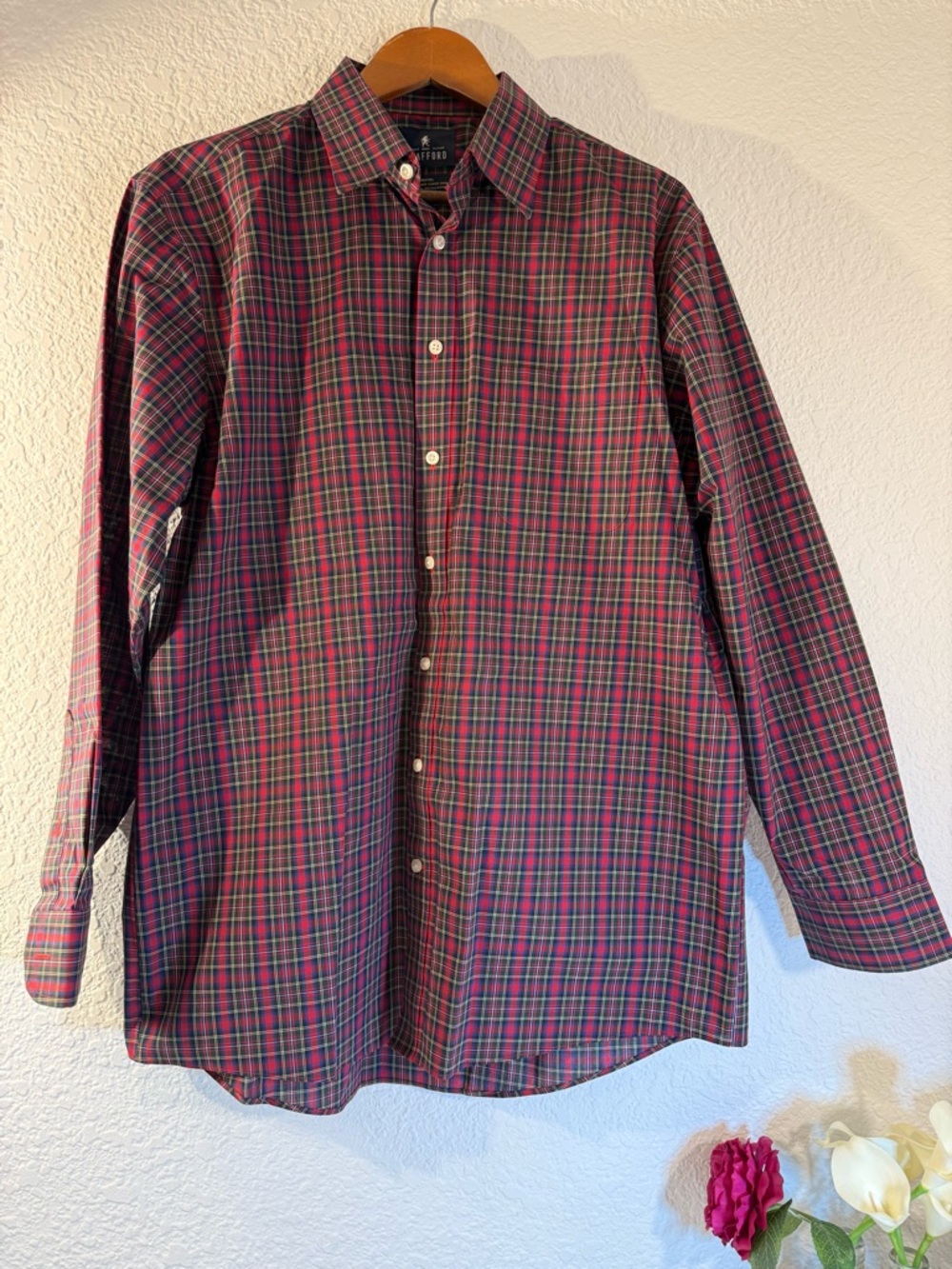 Stafford‎ Travel Performance Shirt 16.5 34-35 Red Navy Plaid Regular Fit Button